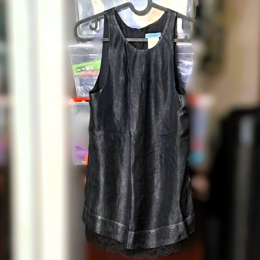 Marciano Black 100% Silk Shimmer Sleeveless Lace Trim Blouse Top